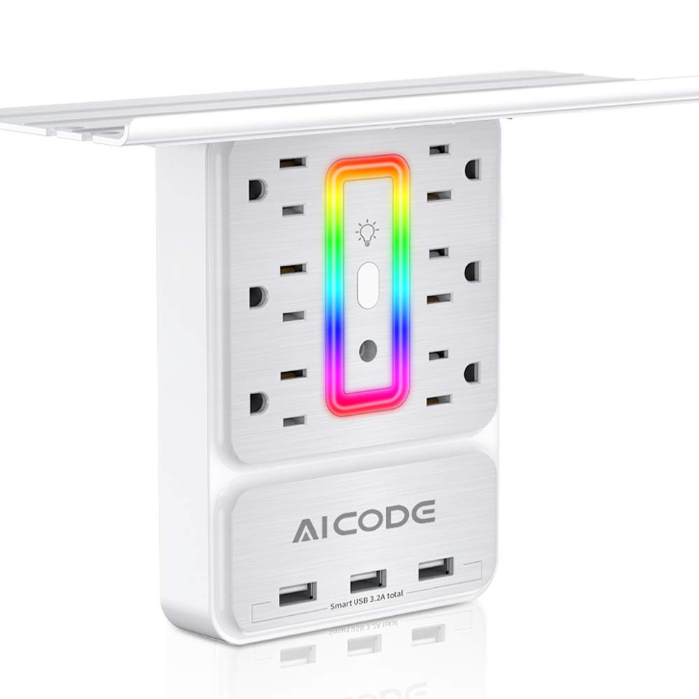 Socket Outlet Shelf,Wall Outlet Surge Protector,6 Electrical Outlet Splitter with 3 USB Outlet,Multi Plug Outlet,Charging Shelf,Outlet Expander with 6 Nightlight for Home