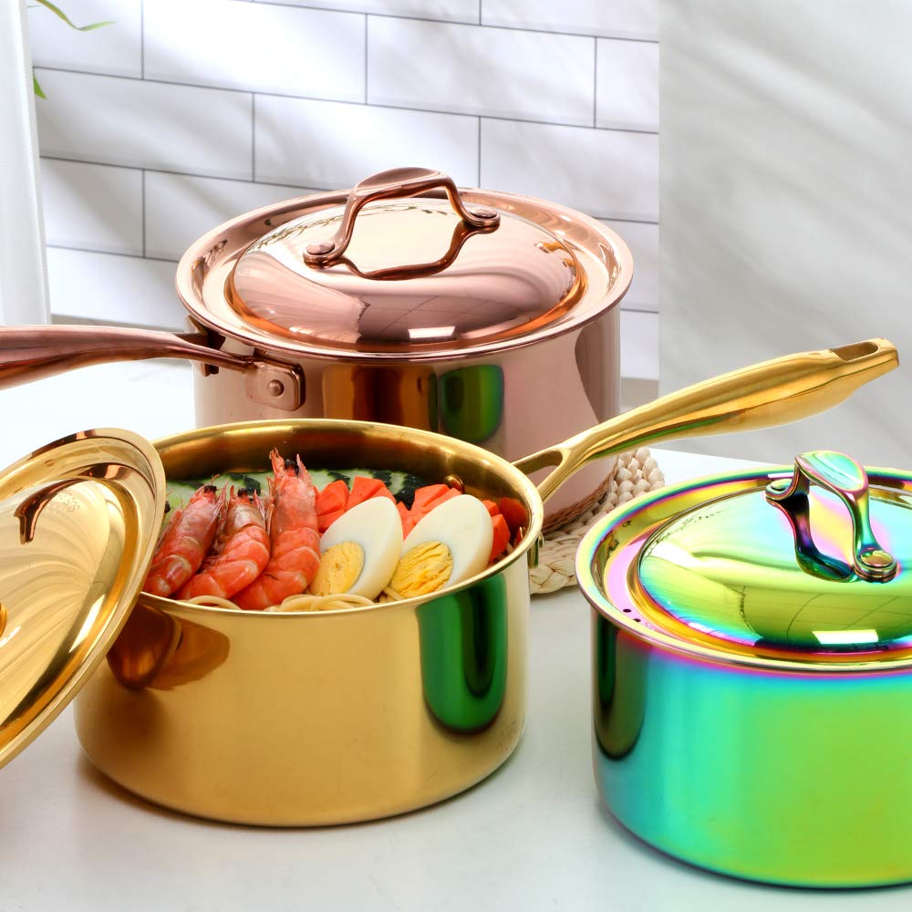 BuyGo 18/8 Stainless Steel Saucepan, 2.5 Quart Rainbow Pan with Heat Resistant Long Handle, 3-Layer Multipurpose Cookware Pot, Compatible Stovetops: Gas, Electric, Dishwasher Safe