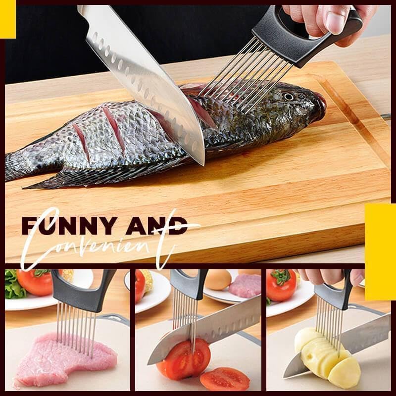 Onion Slice Holder - 2024 New Stainless Steel Slicing Assistant Tool for Onion, Meat, Potato, Tomato - Kitchen Gadget Chopper Cutter (Grey, 1 Pack)