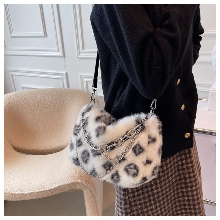 2022 New Leopard Print Plush Shoulder Cross-body Bag Fashion Chain One-shoulder Armpit Tote Y2K Purse Hobo Bag (Khaki)