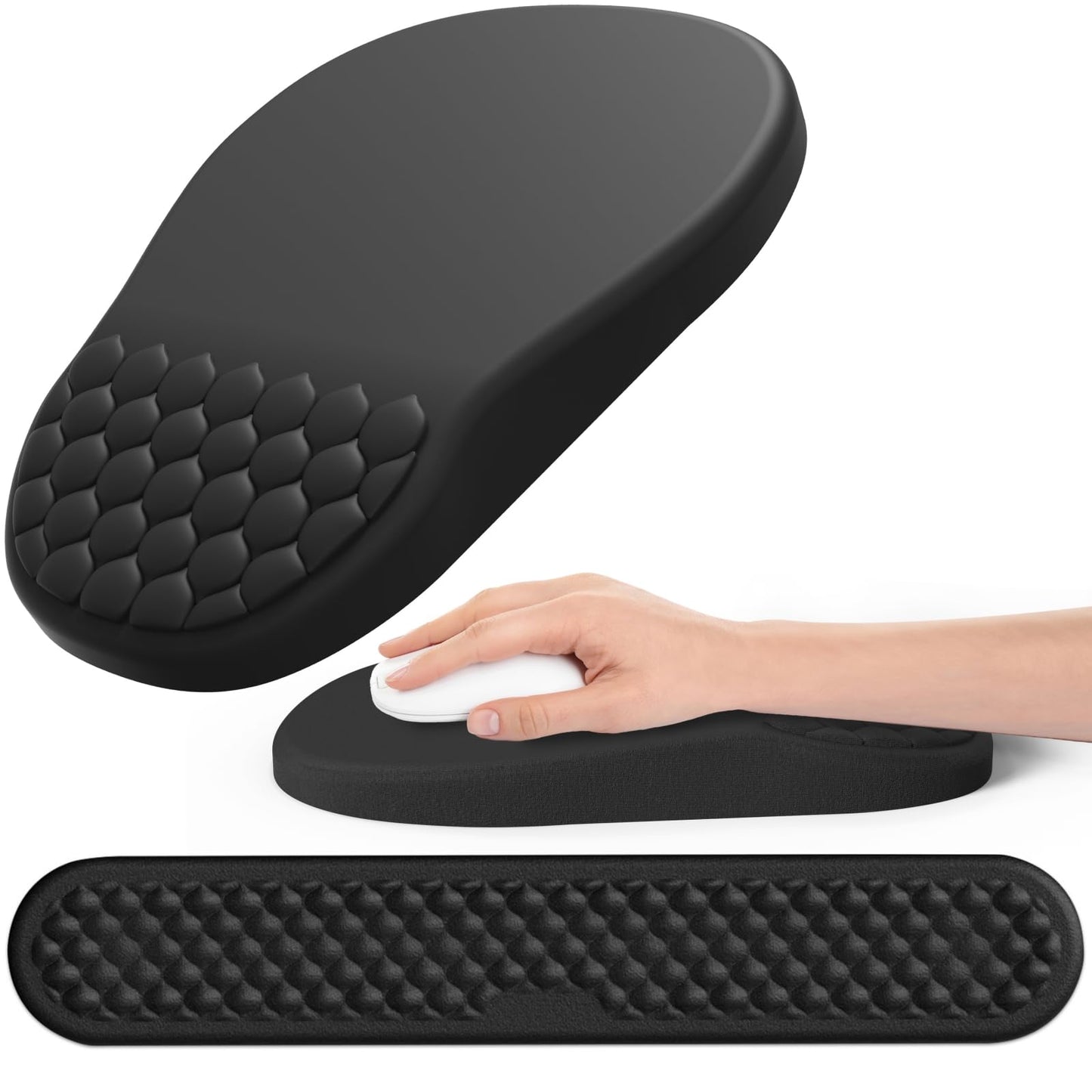 Ergonomic Mouse Pad and Keyboard Wrist Rest with Massage Design, Space-Saving Mouse Pad Wrist Support, Memory Foam Wrist Rest with Non-Slip PU Base for Computer Desk, Black
