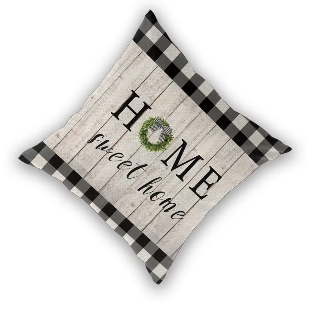 Sunshineyan Spring Pillow Cover 20x20 Set of 2, Rustic Buffalo Plaids Wood Home Sweet Home Throw Pillow Covers Spring Wreath Farmhouse Decorative Linen Cushion Cases for Home Sofa Outdoor Decor
