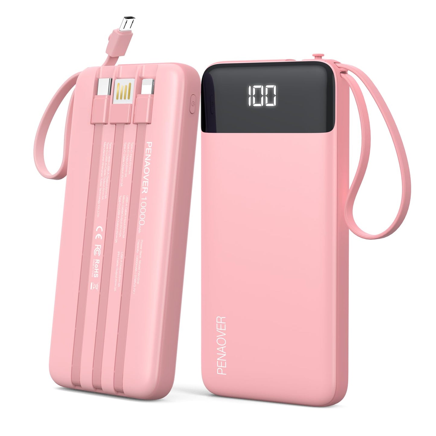Portable Charger 10000mAh Power Bank with Built-in Cable, 5 Output 2 Input Travel Essential External Battery Pack with LED Display Compatible with iPhone 16/15 Samsung S22 Android,etc