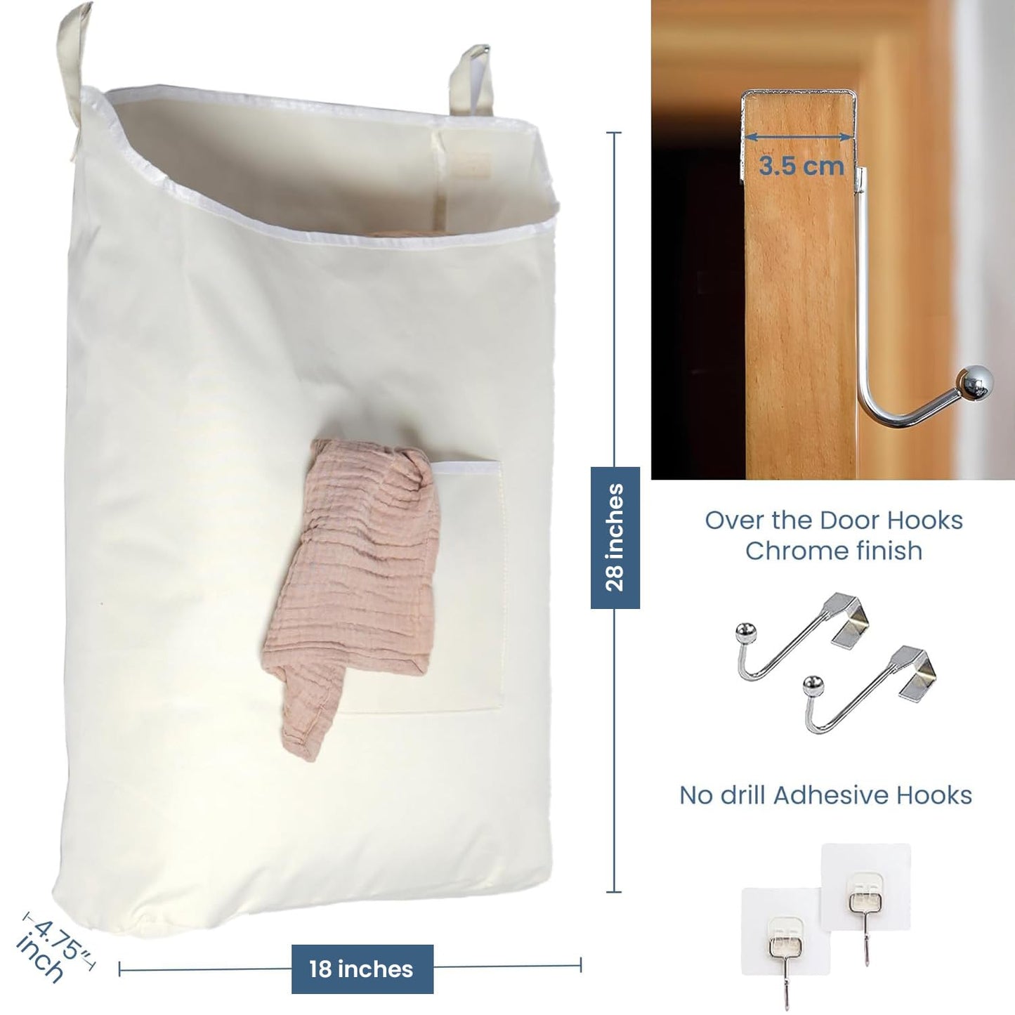 The Fine Living Co. Hanging Laundry Hamper with Over Door Hooks & Adhesive, Durable Space Saving Laundry Bag with Zipper and Wide Open Top, Hanging Dorm Laundry Hamper 18"x4.75"x28" (Beige-L)