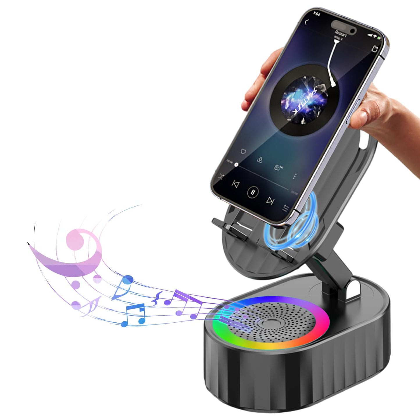 Wireless Induction Audio Bluetooth Speaker 5in1 Phone Holder Emergency Rechargeable (3000mAh) with Colorful Ambient Light 300° Foldable for Tablet iPhone Android, Gifts for Men Women (Black)