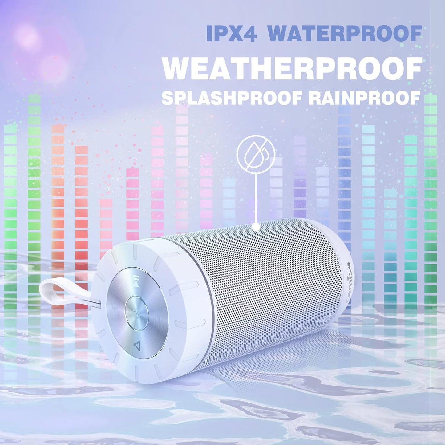 comiso X26 Bluetooth Speaker, IPX4 Waterproof Speakers 360° HD Surround Sound with Punchy Bass, Wireless Dual Pairing, 24H Playtime, Portable Speaker for Shower, Home, Outdoor, Camping, Beach-White
