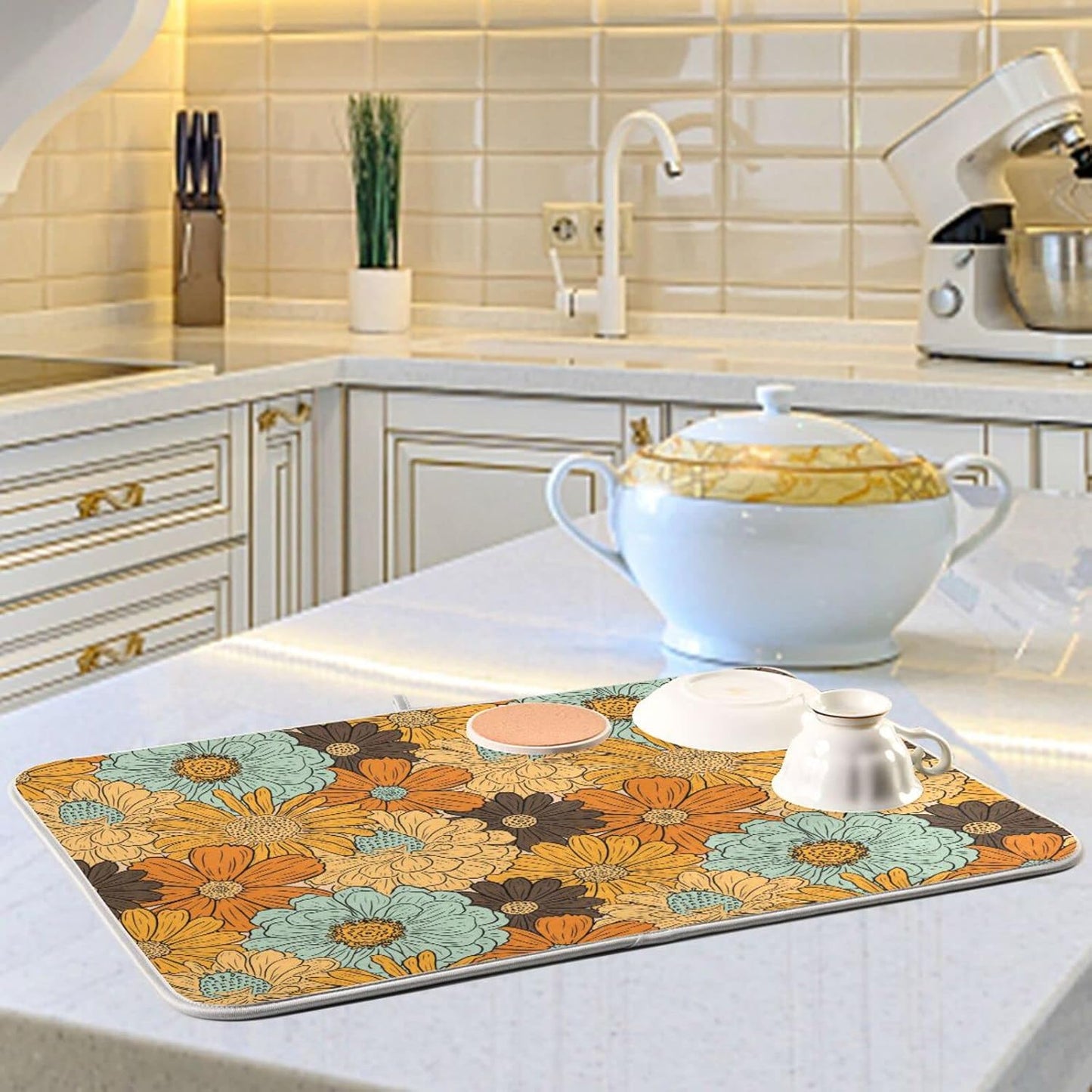 senya Super Absorbent Dish Drying Mat, Microfiber Fast-Drying 16'' x 18'', Kitchen Pad, Retro Flower Daisy