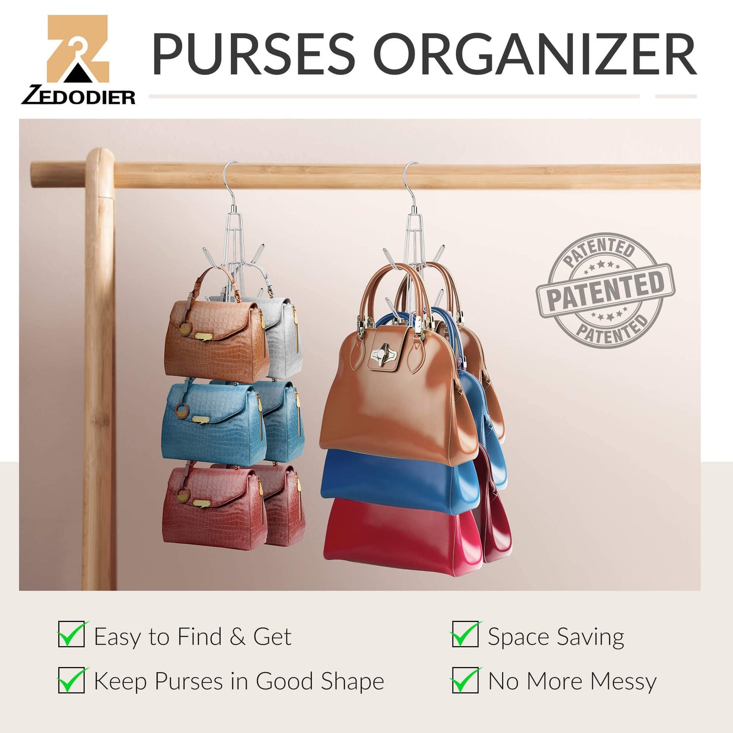 ZEDODIER Purse Hanger Organizer for Closet, 2 Pack Hanging Bag Holder, Keeping Purses Visible and in Good Condition, Metal Handbag Storage Hook Backpack Rack Space Saving Hanger, Silver