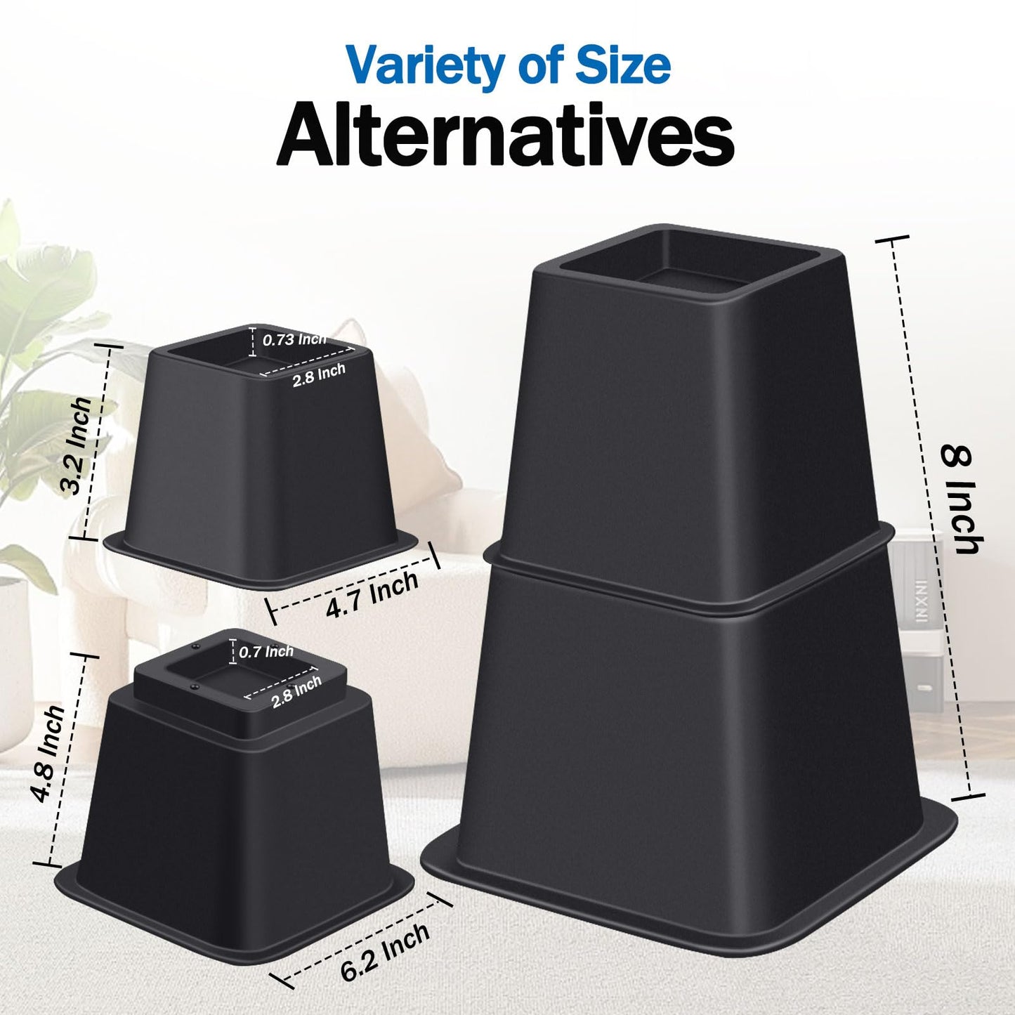 ANNKUT Bed Risers 8 inch Heavy Duty,Elevation in Heights 3, 5, 8 Inch,Adjustable Furniture Risers for Chair Table and Desk Legs Lifting (6 Pack,Black)