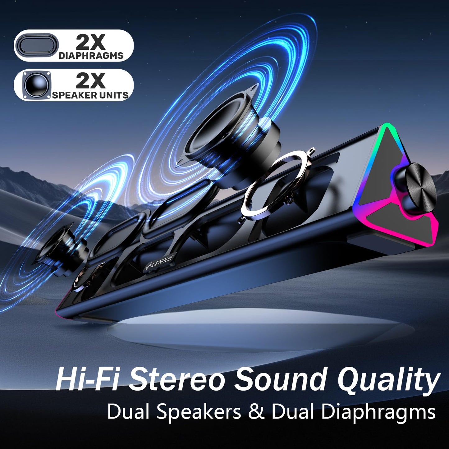 LENRUE Computer Speakers for Desktop,PC Speakers with Single USB for Power and Stereo Sound,Touch Lights Gaming Speakers Sound bar for Desktop PC Monitor Laptop(USB-C Adapter Included)