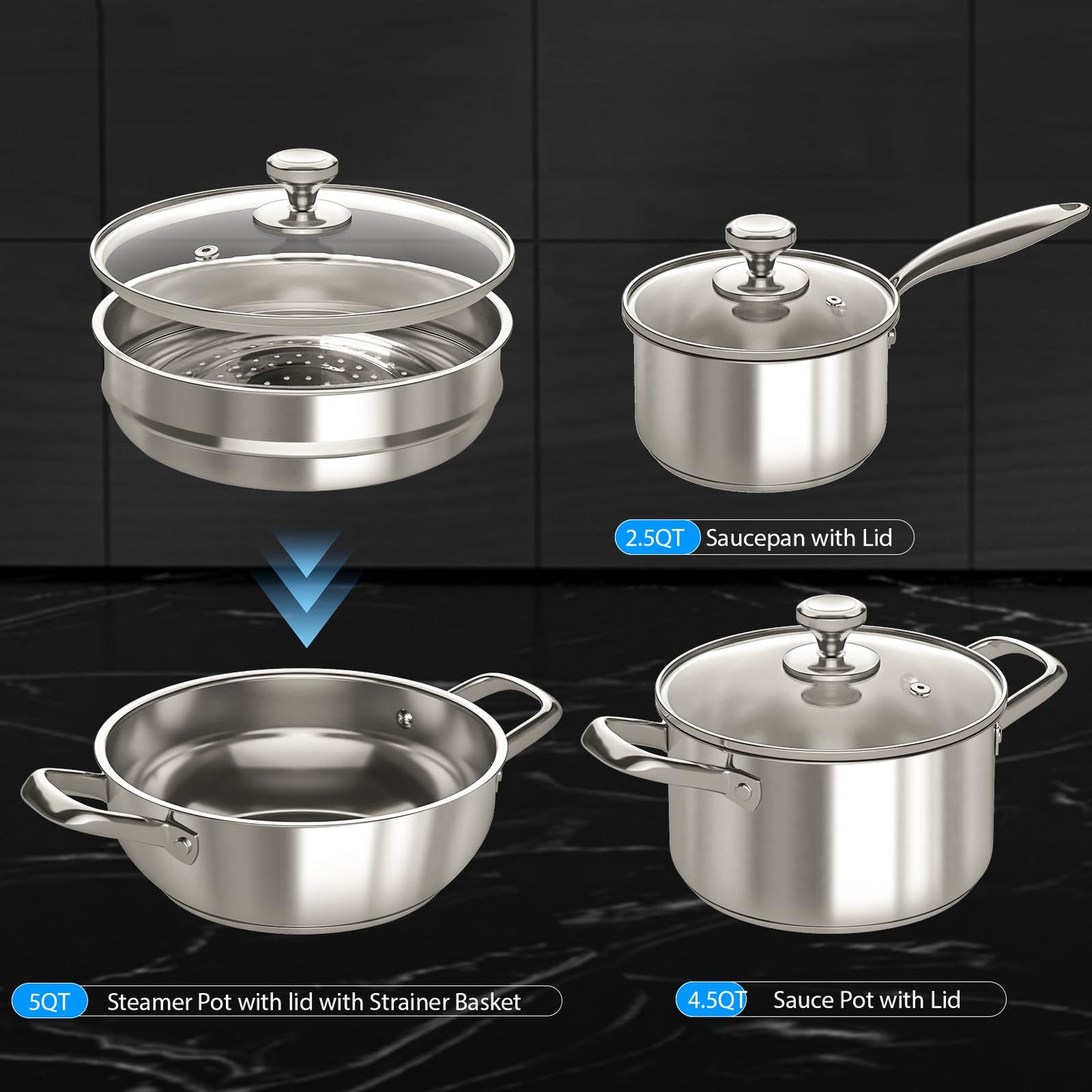 Pots and Pans Set,12-Piece Stainless Steel Cookware Set, Induction Ready Kitchen Cooking Set, Includes Saucepans, Stockpot, Steamer & Strainer Basket, Glass Lids, Dishwasher & Oven Safe