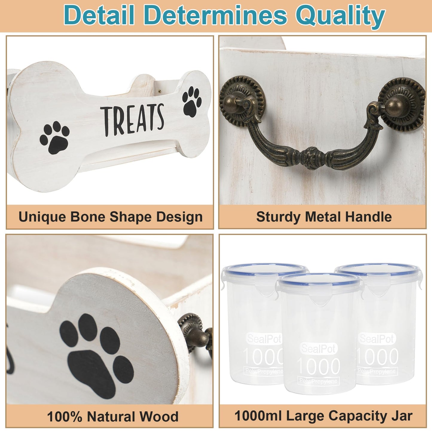 WGFKVAS Dog Treat Container Dog Food Storage Container for Countertop,Wooden Cat Food Storage Container with 3 Jars,Dog Treat Jar with Lid,Great Gift for Pet Dog Owners (White)