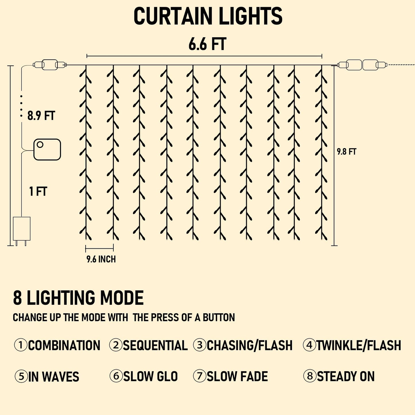 Dazzle Bright 300 LED Curtain String Lights, Christmas Fairy Lights for Bedroom with 8 Lighting Modes, Connectable Waterproof Window Lights Party Wedding Garden Wall Decor, Warm White