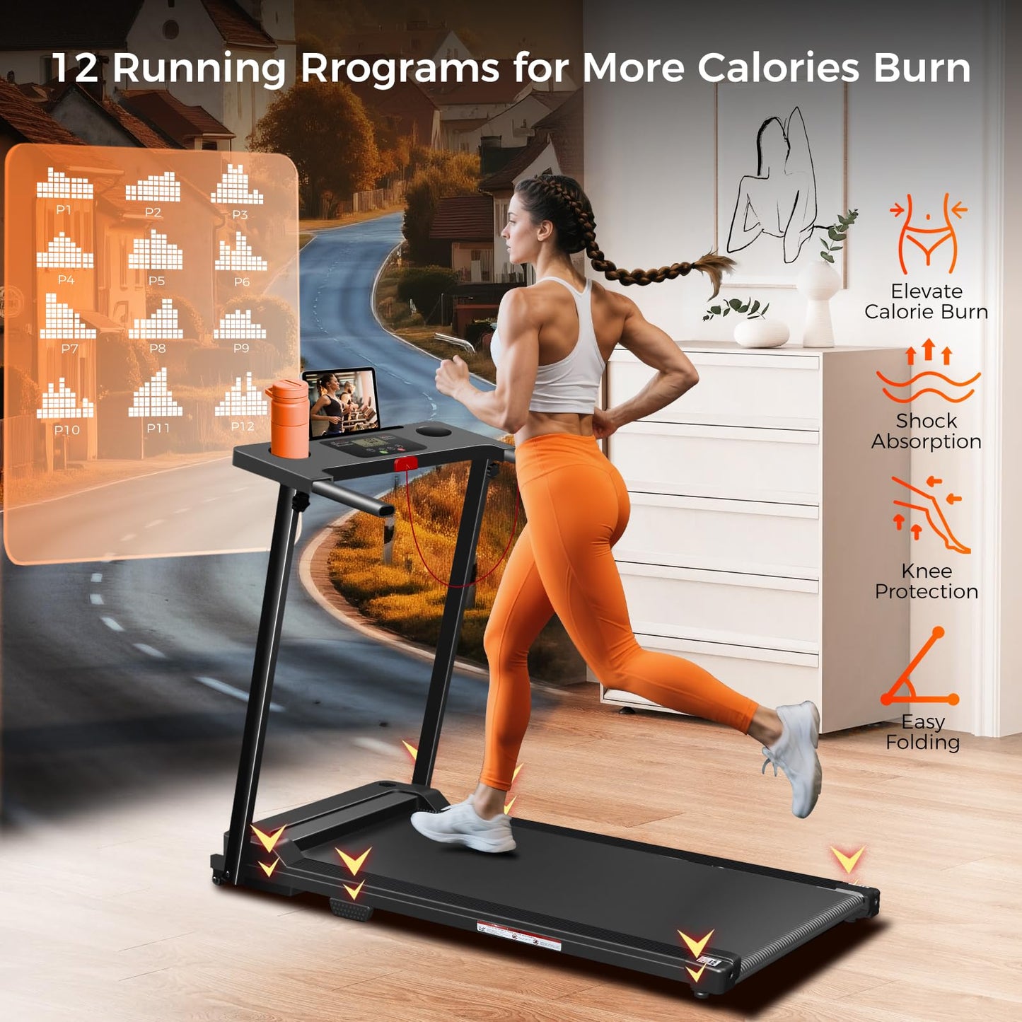 ApexNexus Treadmill with Handles, Portable Small Treadmills for Home and Office, 3.0HP Folding Walking Pad with 300 lbs Capacity, Cup Holder, LED Display and 12 Preset Programs