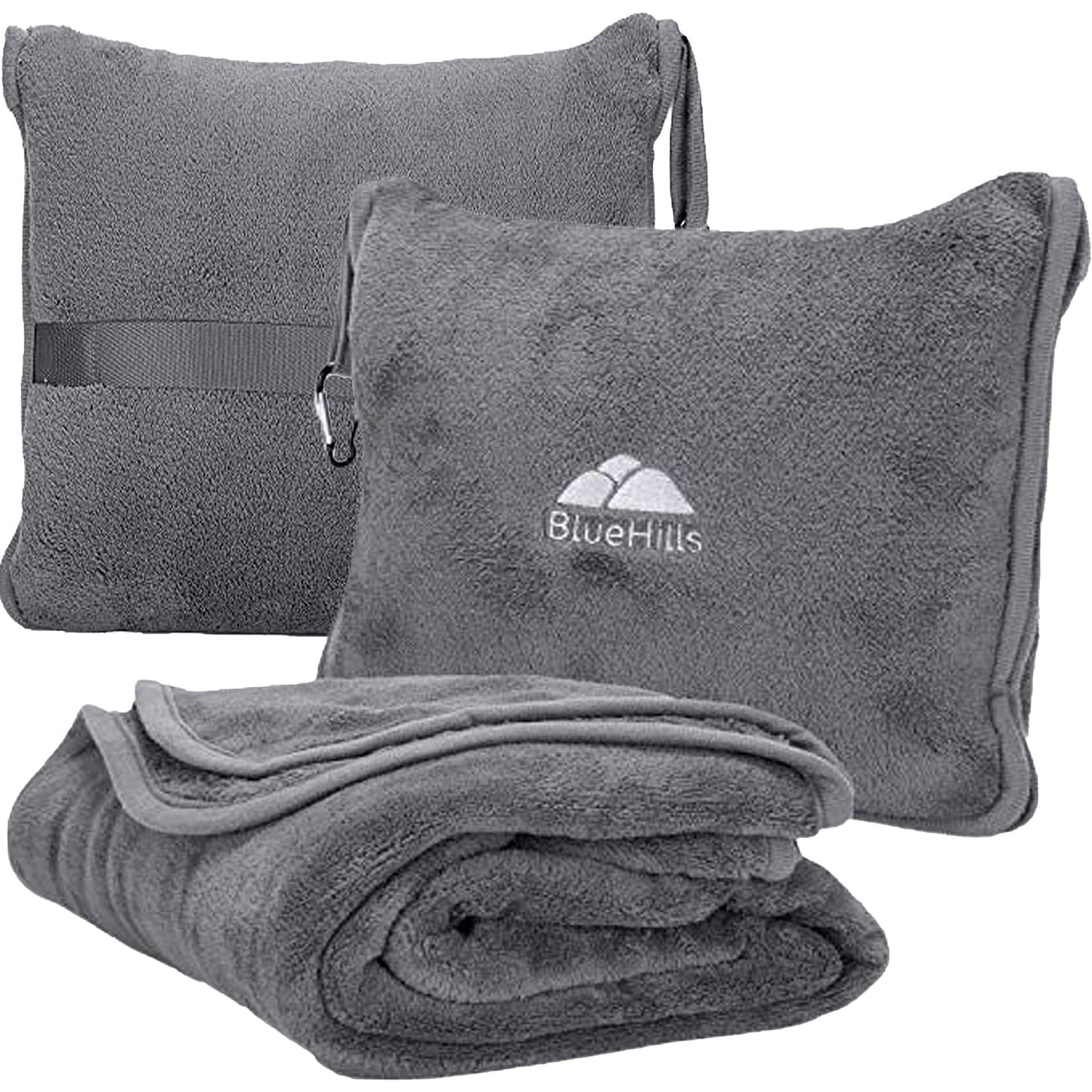 BlueHills Premium Soft Tall Travel Blanket Pillow for Airplane Traveling Essentials Long Flight Trip Throw in Bag case with Backpack Clip Compact Large Plane Accessories Beige T053