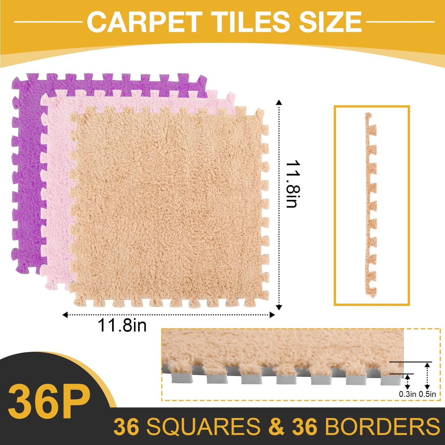 36 Pcs Plush Interlocking Carpet Tiles,Non-Toxic Foam Carpet Tiles for Toddler Baby,Machine-Washable,Anti-Slip,EVA Foam Interlocking Tiles for Floor, Nursery, Playroom,Purple,Light Brown,Pink