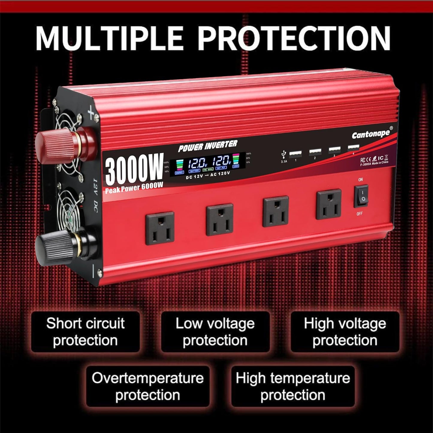 3000W Power Inverter 12V to 110V/120V DC to AC with LCD Display, Remote Controller 4 x AC Outlets and 4 x 3.1A USB Car Adapter for Car Truck Boat RV Solar System