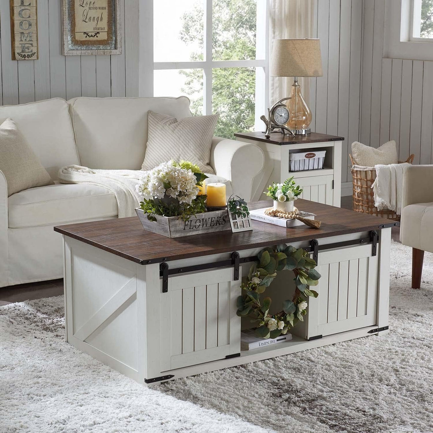 IFGET 48" Lift Top Coffee Table, Farmhouse Cocktai with Sliding Groove Barn Door, Rustic Wood Center Table w/Double Storage Spaces for Living Room, White