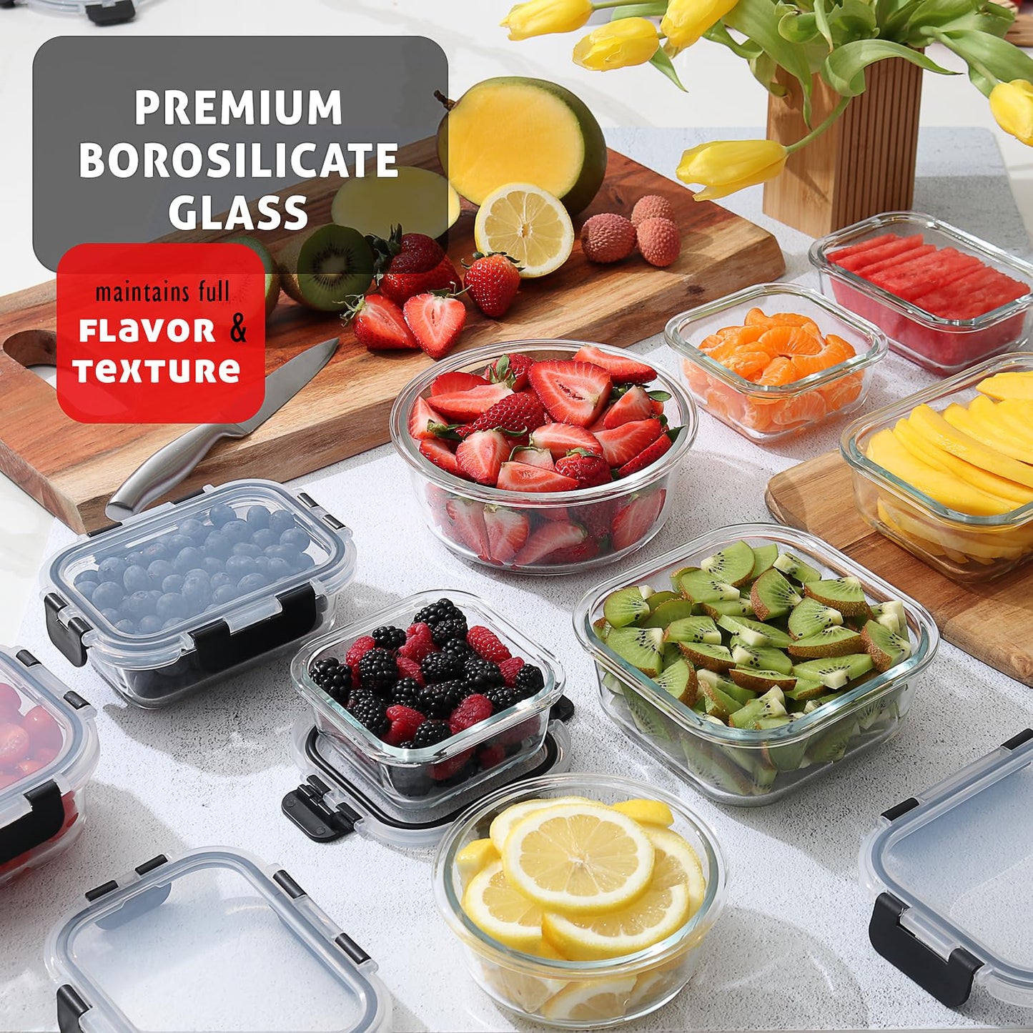 EATEX 24pc Glass Storage Containers with Lids, 12 Set Glass Food Storage Containers with 12 Airtight Lids, Pantry Kitchen Meal Prep Containers for Lunch, Freezer Storage Containers, Oven Safe
