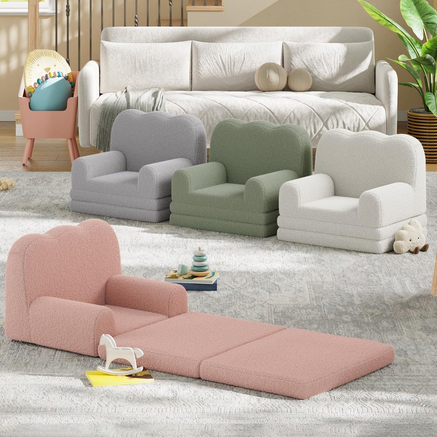 GarveeHome Kids Couch, 2-in-1 Comfy Toddler Couch Fold Out, Convertible Sofa to Lounger with Cute Wave Design, Foam Kids Chair with Soft Sherpa, Gift for Girls and Boys (Green Wavy)