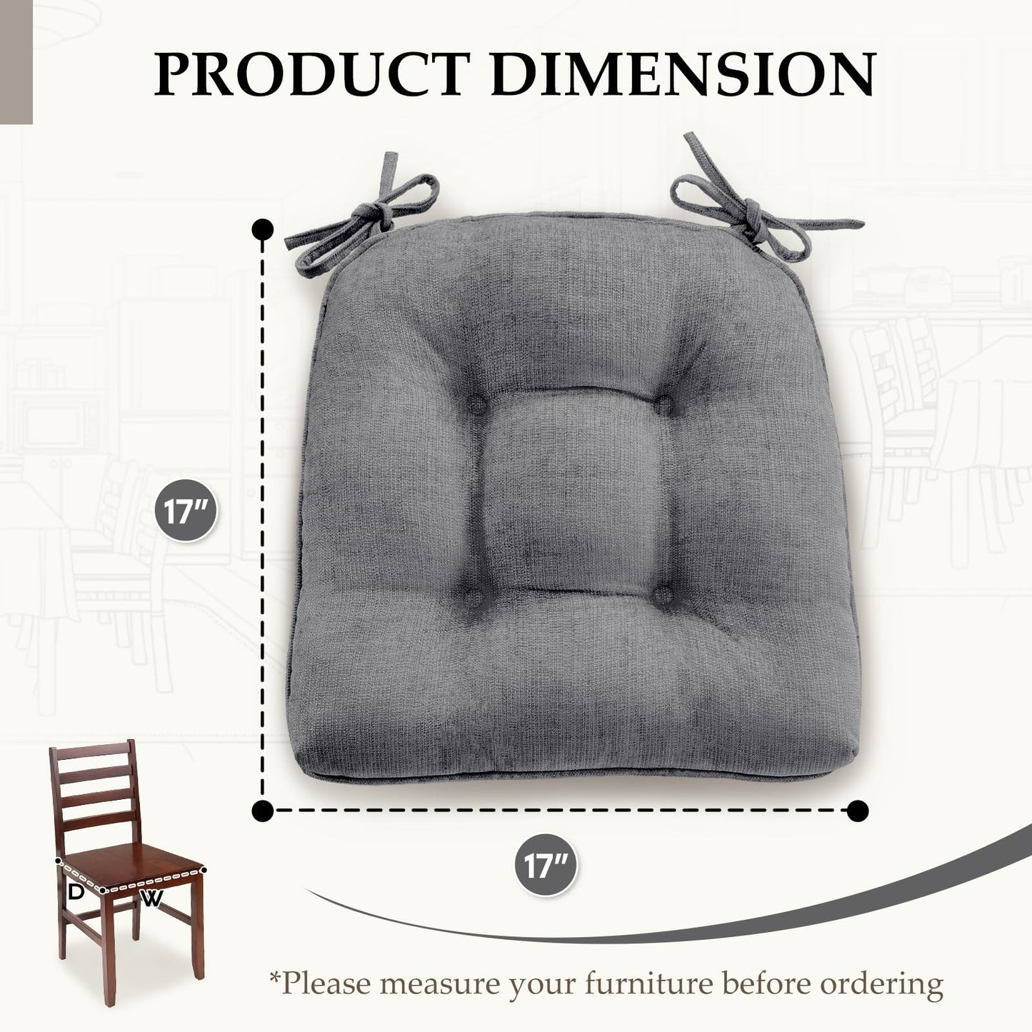 HARBOREST Chair Cushions for Dining Chairs Set of 4 - Chenille Tufted Kitchen Chair Cushions with Ties and Non-Slip Bottom, Foam Chair Pads for Dining Chairs, 17" x 17", Grey