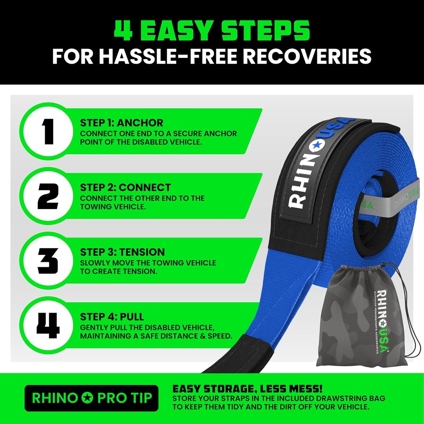 Rhino USA Recovery Tow Strap (3"x30') - 31,518lb Break Strength- Emergency Recovery Strap Tow Rope for Truck, UTV, ATV & More- Heavy Duty Towing Strap for Offroad 4x4 Use - Compatible with Jeep (Blue)