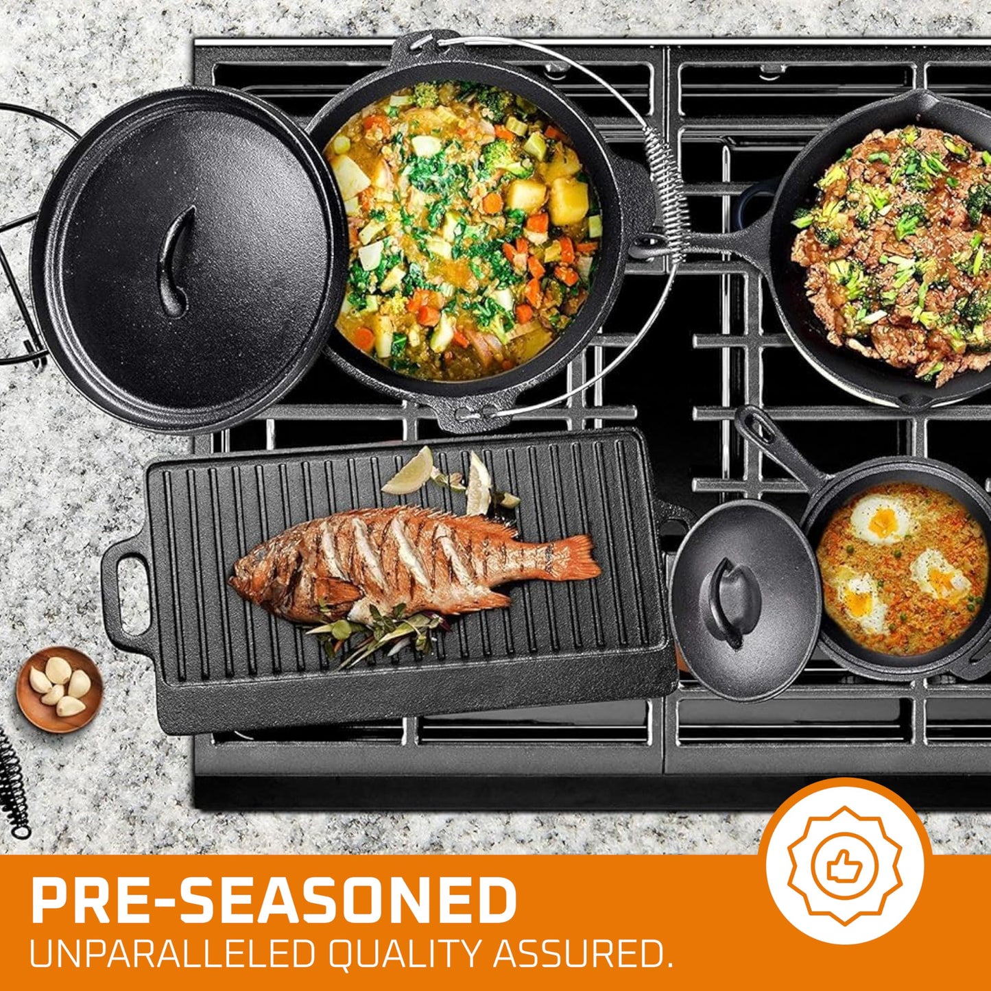 Bruntmor Camping Cooking Set of 7. Pre Seasoned Cast Iron Pots and Pans Dutch Oven with Lids for Outdoor Comefire. Grill Cookware Skillet Sets with Storage Box