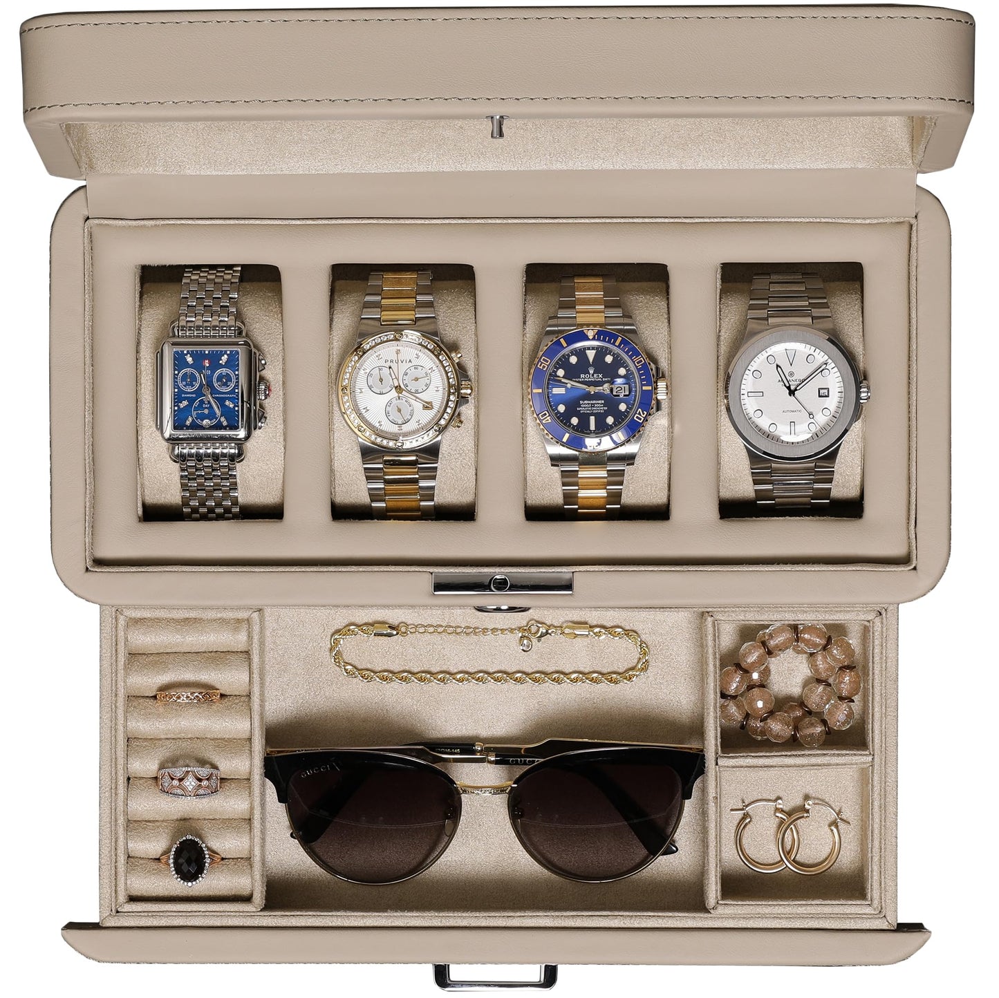 ROTHWELL 4 Slot Leather Watch Box with Valet Drawer - Luxury Case Display Jewelry Organizer, Locking Display Case Holder with Real Glass Top - Watch Box Organizer for Men & Women (Oatmeal)