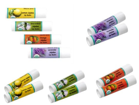 8 Organic Jojoba Oil Lip Balms; 4 different scents: Lemon, Lavender, Orange, Unscented. Each Lip Balm is .15 oz/4.5 gm. Contains scent but there is no taste.