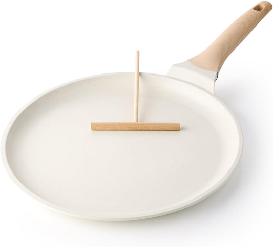 Crepe Pan Nonstick, 12 Inch Healthy Coating Comales para Tortillas Dosa Pan with Spreader, Induction Compatible, PFOA Free (White)