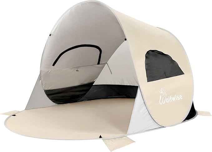 WolfWise UPF 50+ Easy Pop Up 3-4 Person Beach Tent Sport Umbrella Instant Sun Shelter Tent Sun Shade Canopy, Beige