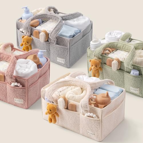 Sweety Fox Baby Diaper Caddy Organizer with Handle - Portable Sherpa Nursery Basket - Car Diaper Organizer, Cleaning Caddy, Gift for Baby Shower - Ivory