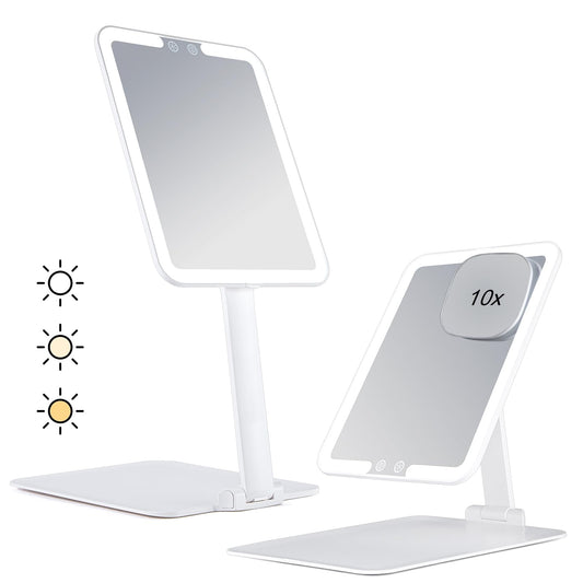 7.8" x 6.1" Rechargeable Travel Makeup Mirror with Lights and Magnification 10X, Foldable Stand with Adjustable Height & Angle, 3 Light Colors LED Lighted Vanity Mirror (White)