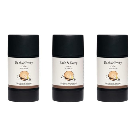 Each & Every All Natural Deodorant for Women & Men - Sensitive Skin, Plant-Based, Baking Soda & Aluminum-Free Deodorant - Long Lasting 24 Hr Odor Control - Cedar & Vanilla Travel Size (3 Pack, 2.5oz)