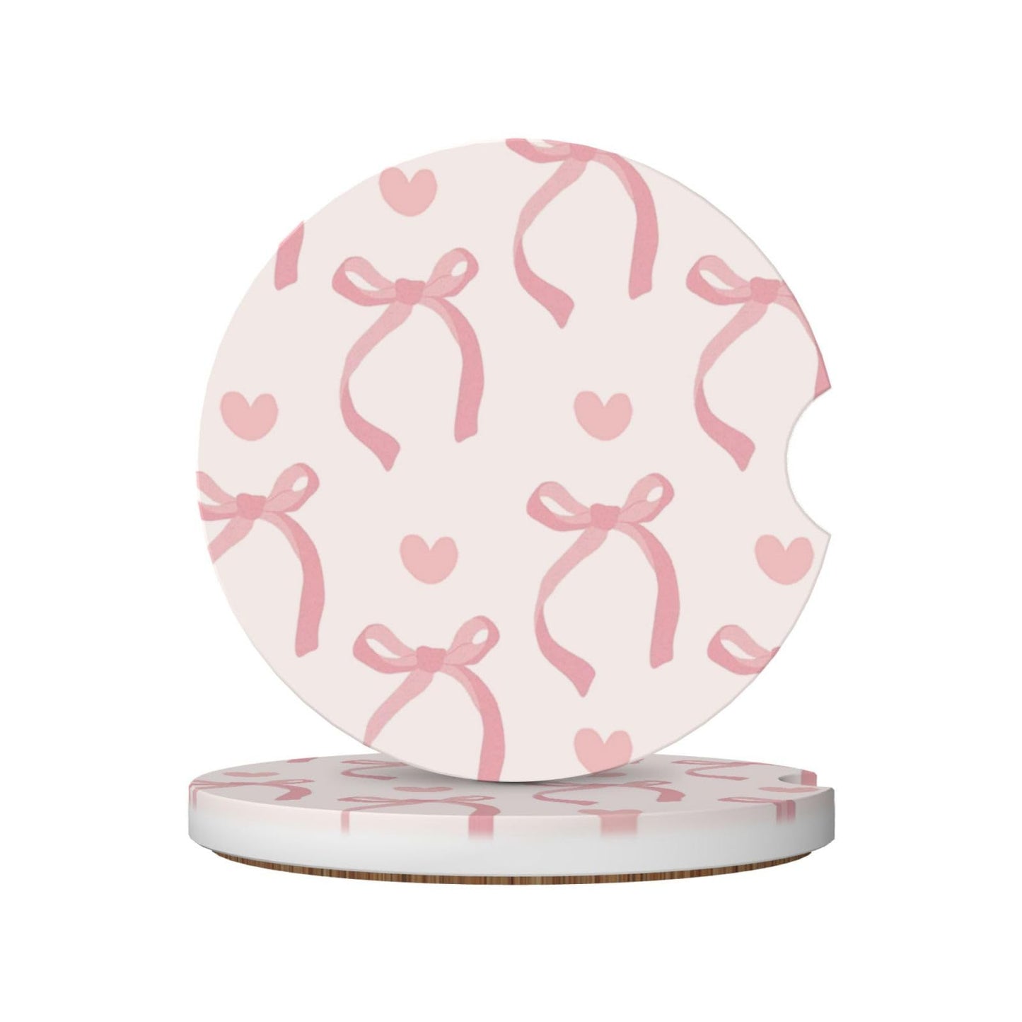 Pink Bow Love Heart Car Cup Holder Coaster 2 Pack Absorbent Ceramic Car Coasters for Cup Holders Car Accessories Interior for Women Men Universal Anti Slip Cork Base Cup Coasters with Finger Notch