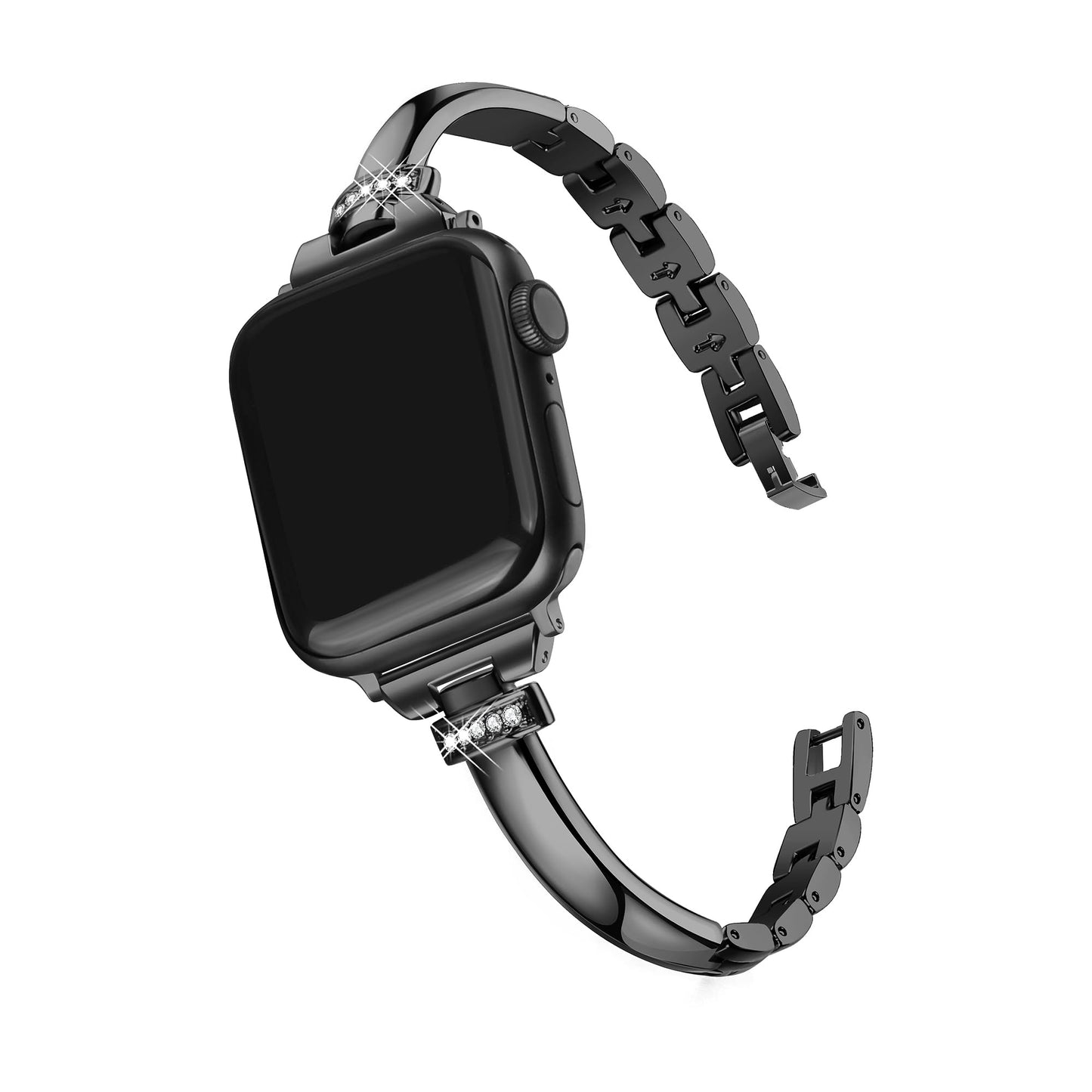 Secbolt Bands Compatible with Apple Watch Band 38mm 40mm 41mm 42mm(Series 10) iWatch SE Series 10/9/8/7/6/5/4/3/2/1, Slim Dressy Metal Bracelets with Rhinestones for Women, Black