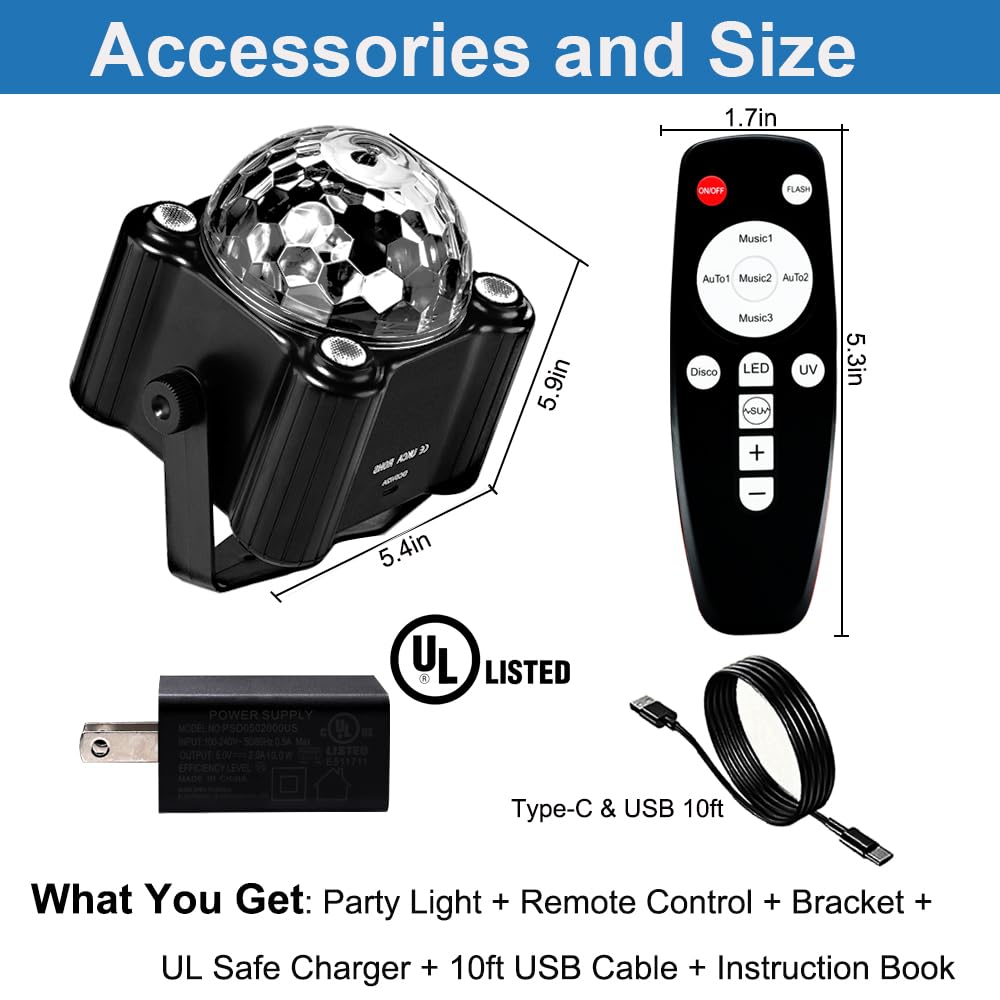 Disco Ball Party Lights, Disco Ball Decor Disco Light Sound Activated with Remote Control Dj Lights for Outdoors and Indoors Home Club Karaoke Christmas Halloween Birthday Wedding Decorations.