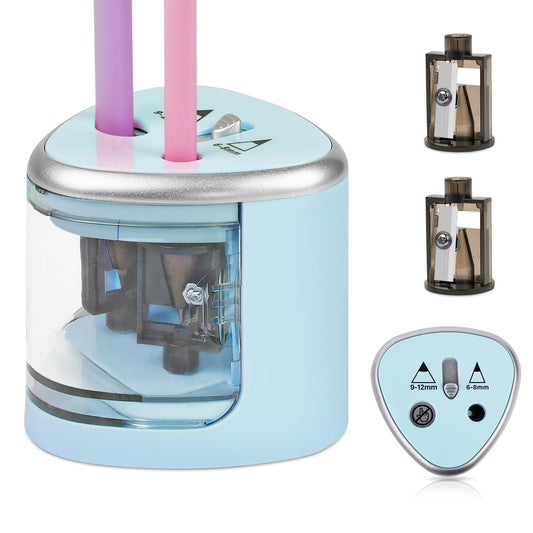 AUAUY Electric Pencil Sharpener with Double Hole, Battery Operated Automatic Sharpener with 2 Extra Knife Holders, for 6-8mm/9-12mm Standard Pencils, Colored Pencils, and Makeup Pencils（Blue）