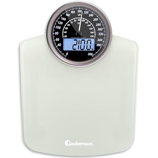 Adamson Hybrid 2-in-1 Analog & Digital Weighing Scale for Body Weight up to 400lbs + Thick Tempered Glass + Extra Large Display + Easy to Read Digital Bathroom Scale + New - White