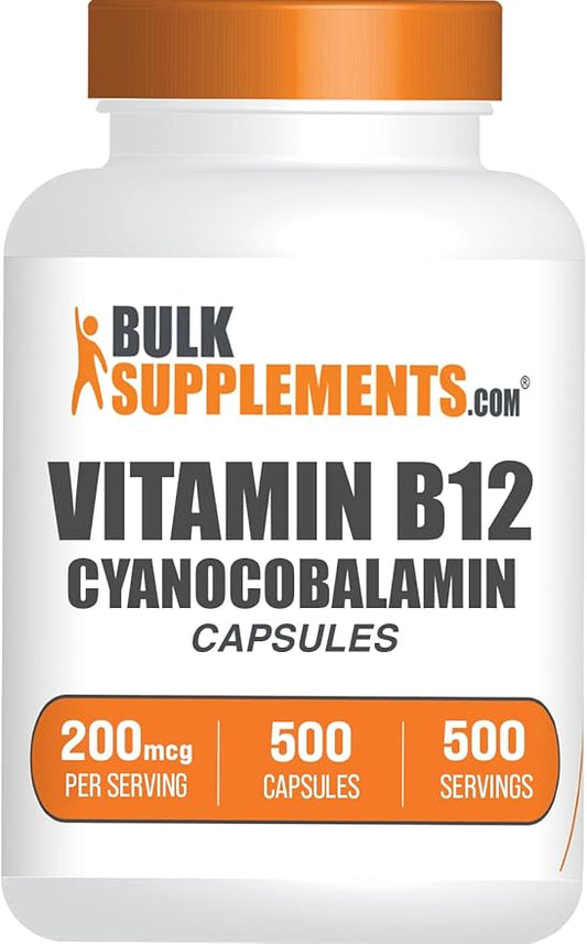 BulkSupplements.com Vitamin B12 Capsules - as Cyanocobalamin, Vitamin B Supplement, Vitamin B12 200 mcg - Energy Vitamins, Gluten Free, 1 Capsule per Serving, 500 Capsules (Pack of 1)
