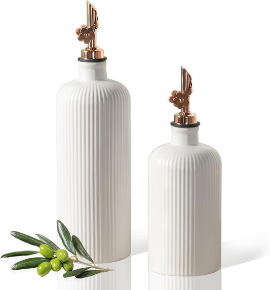 Dizada Olive Oil Dispenser Bottle for Kitchen, (22 Oz+14 Oz) Ceramic Olive Oil and Vinegar Bottles Dispenser with Stainless Steel Spout, Set of 2