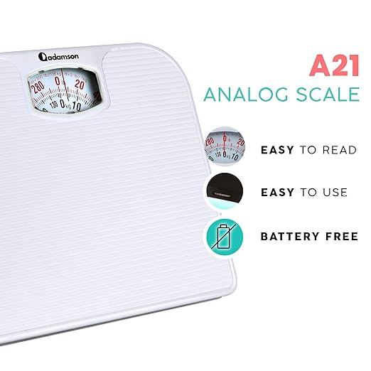 Adamson A21 Analog Scales for Body Weight - Up to 300 LB - New - Anti-Skid Rubber Surface + Large Numbers - Analog Bathroom Scale - Affordable - Durable with 20-Year Assurance