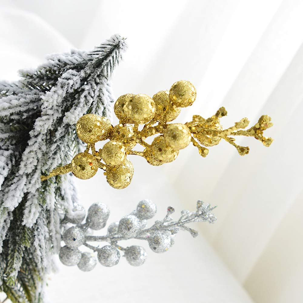 Artiflr 14 Pack Christmas Glitter Berries Stems, 7.8Inch Artificial Christmas Picks for Christmas Tree Ornaments, DIY Xmas Wreath, Crafts, Holiday and Home Decor, Gold