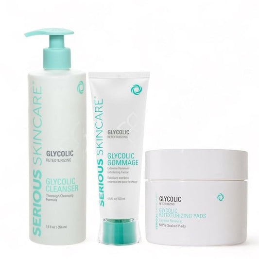 Serious Skincare - Glycolic Radiant Skin Set - Improve Appearance of Lines, Wrinkles and Enlarged Pores - Face Wash Cleanser, Gommage Exfoliating Clay Mask & Retexturizing Treatment Pads (3piece)