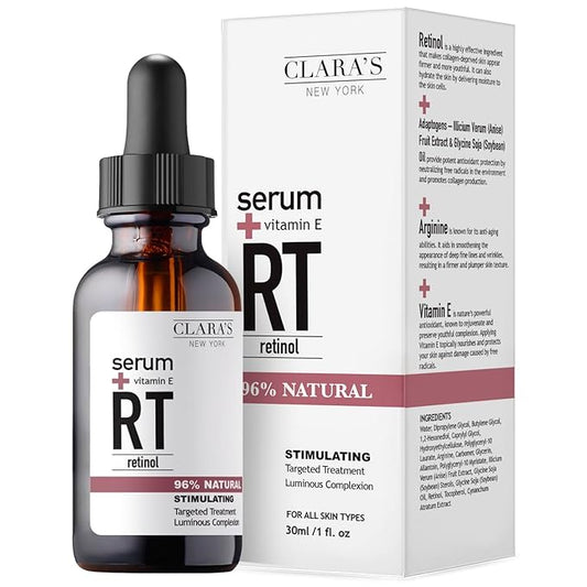 CLARA'S NEW YORK Glycolic Acid Facial Serum with Vitamin E for Exfoliating Smoothing Glowing Face Skin - Made in USA 30ml (1Fl/Oz) (Retinol)