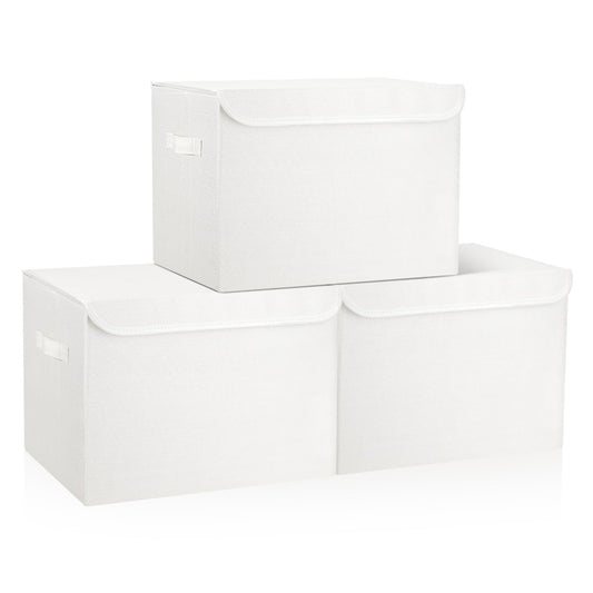 Bagnizer Large 17" 42 Quarts Collapsible Stackable Storage Bins with Lids [3-Pack] Foldable Fabric Linen Storage Boxes Cube, Closet Organizer Baskets with Label (16.7 x 12 x 12, White)