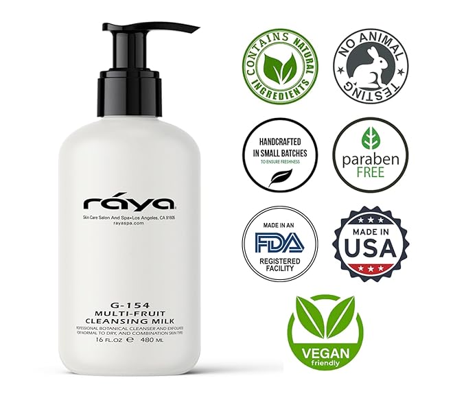 Raya Multi-Fruit Facial Cleansing Milk with AHA and BHA 16 oz (G-154) | Exfoliating Soap-Free Cleanser and Make-Up Remover for Dry and Combo Skin | Made with Multi-Fruit Alpha and Beta Hydroxy Acids