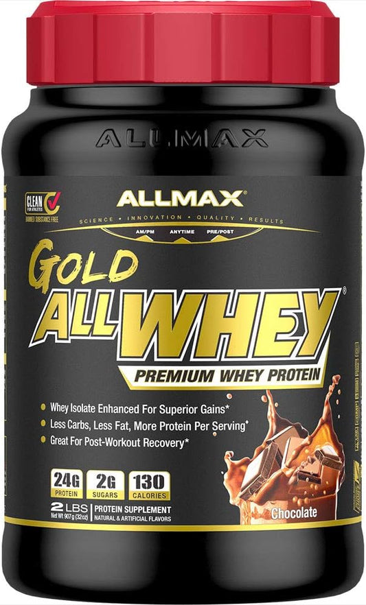 ALLMAX Nutrition Gold ALLWHEY, Chocolate - 2 lb - 24 Grams of Protein Per Scoop - Gluten Free, Low Carb & Low Sugar - Approximate 30 Servings