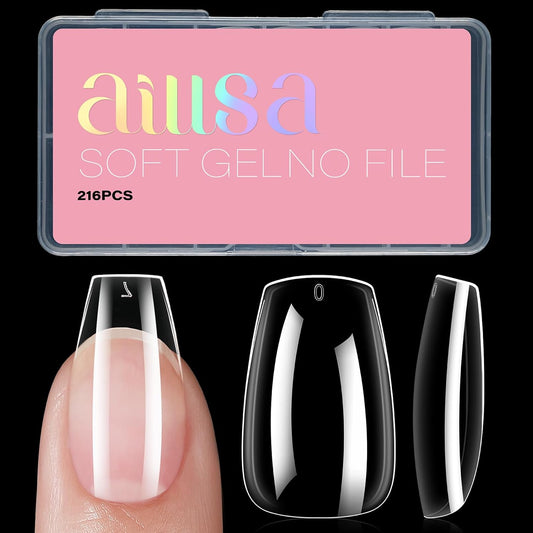 AILLSA Short Coffin Nails Clear Full Cover Nail Tips Medium Gel Fake Nails Tips for DIY Press on Nail Extension, 216PCS 12 Sizes False Acrylic Preshaped Gelly Soft Nail Tip for Women
