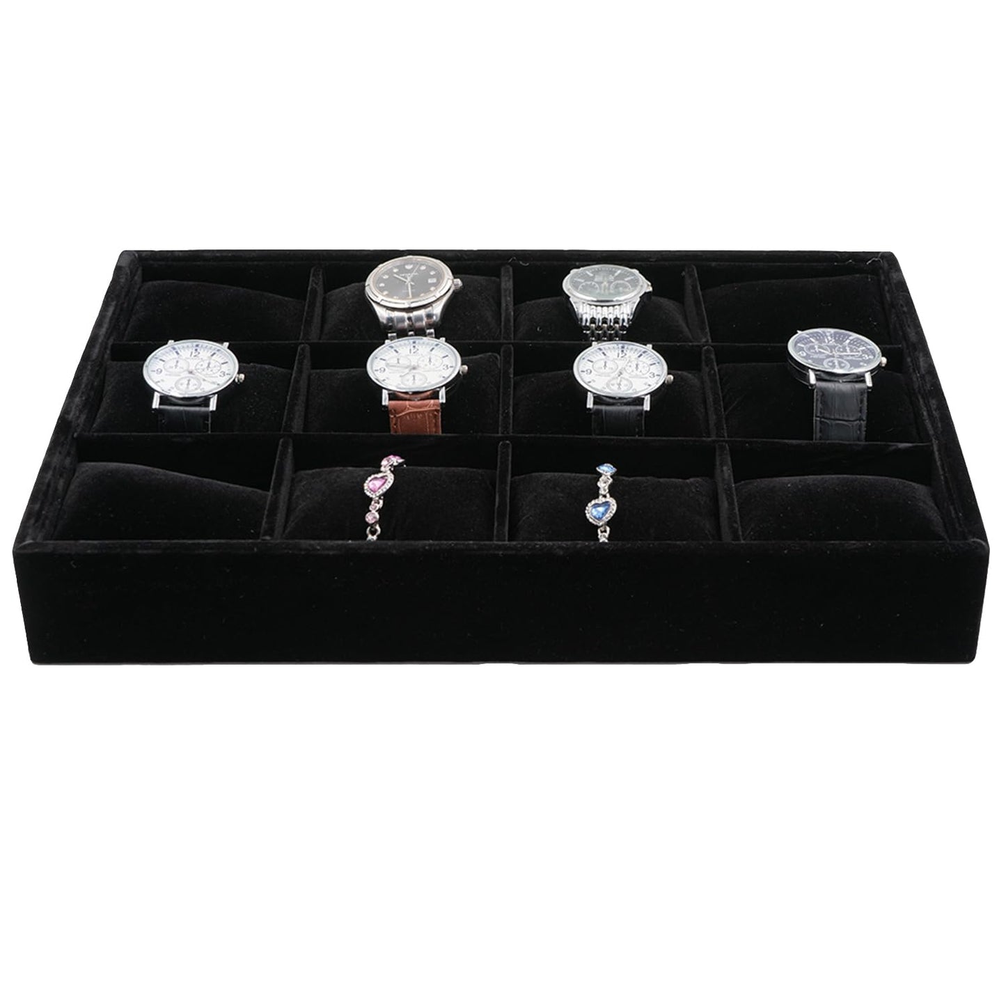 XHMQYC Jewelry Watch Tray, Black Velvet Watch Jewelry Organizer 12 Grid, Stackable Watch Bracelet Bangle Display Holder, Adjustable Pillows, for Man Woman Show Birthday
